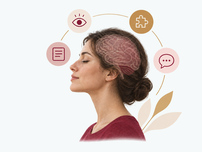 Perfil de una mujer con una representación del cerebro y símbolos de funciones cognitivas