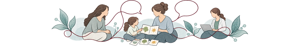 Logopeda compartiendo un libro ilustrado con una niña, acompañada por una familiar y otra profesional