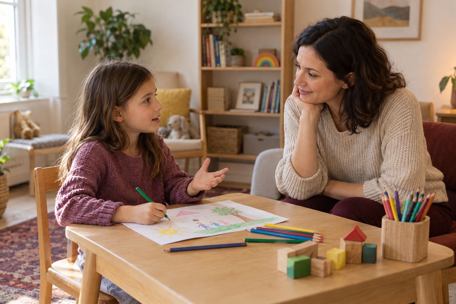 Escena ilustrativa de una psicóloga escuchando a una niña mientras dibuja en una sesión infantil